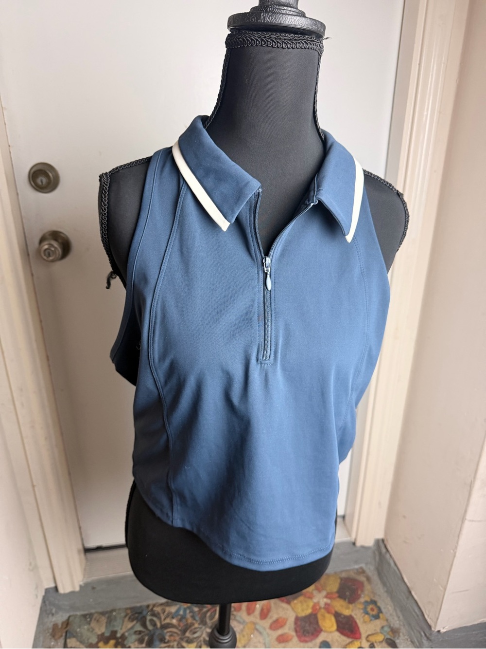 Cute Chic Sporty Sleeveless Polo Top Navy Blue with White Trim